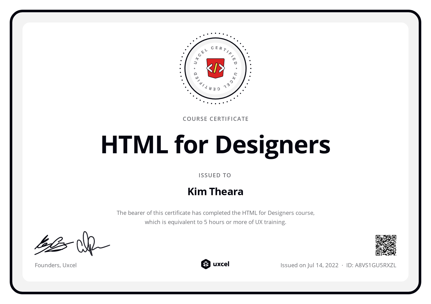 Kim Theara's certificate